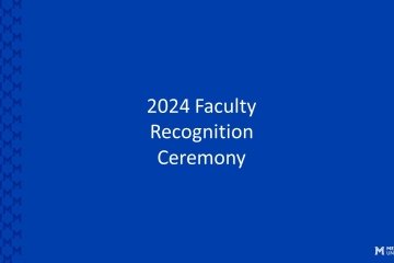 2024 Faculty Recognition Ceremony in white letters with blue background and Mercy University logo on the bottom right corner